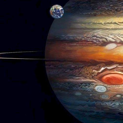 A digitally altered image showing Earth in orbit around Jupiter with two elongated shadows from nearby moons, showcasing cosmic curiosity.