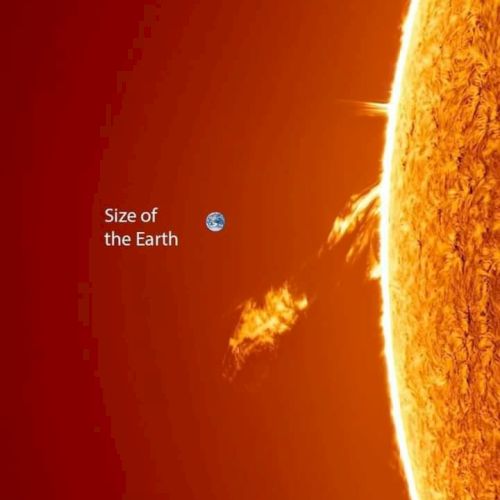 Image showing the Sun with a solar prominence and a label indicating the size of the Earth for comparison against the Sun.